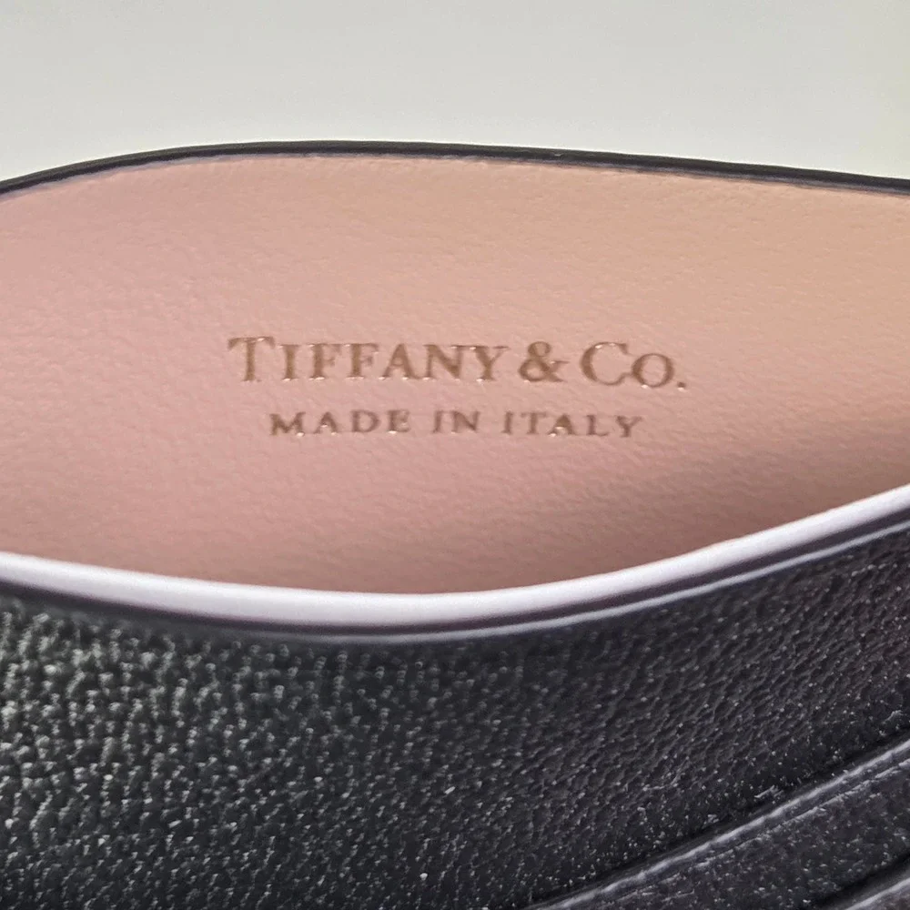 Tiffany & Co T Logo Black Pebbled Leather Card Case Wallet Pink Italy NWT